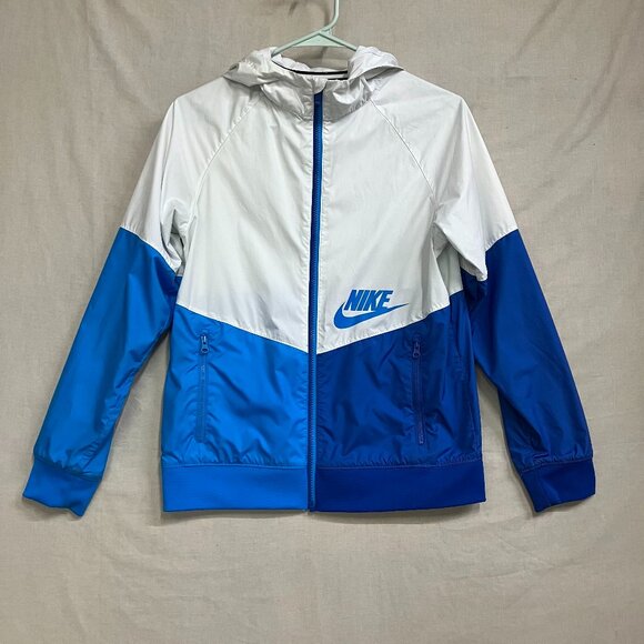 Nike Boys Size Large White/Blue (Colorblock Windbreaker) Full Zip Hooded Jacket - Picture 1 of 10